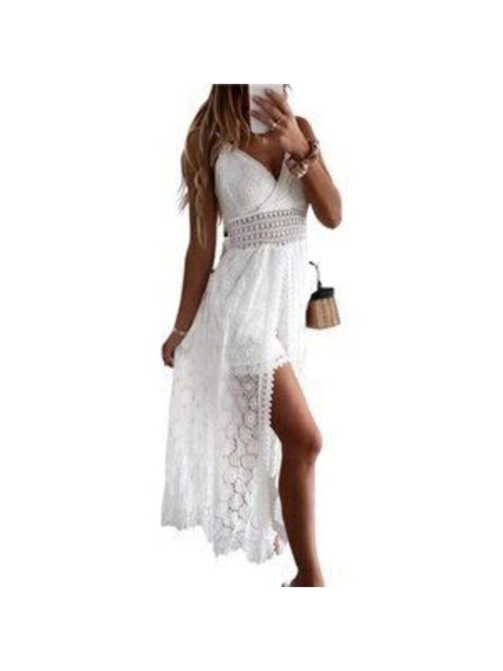 Women's Ruching Smocking Jumpsuit Summer Slip V Neck Backless Maxi High Low